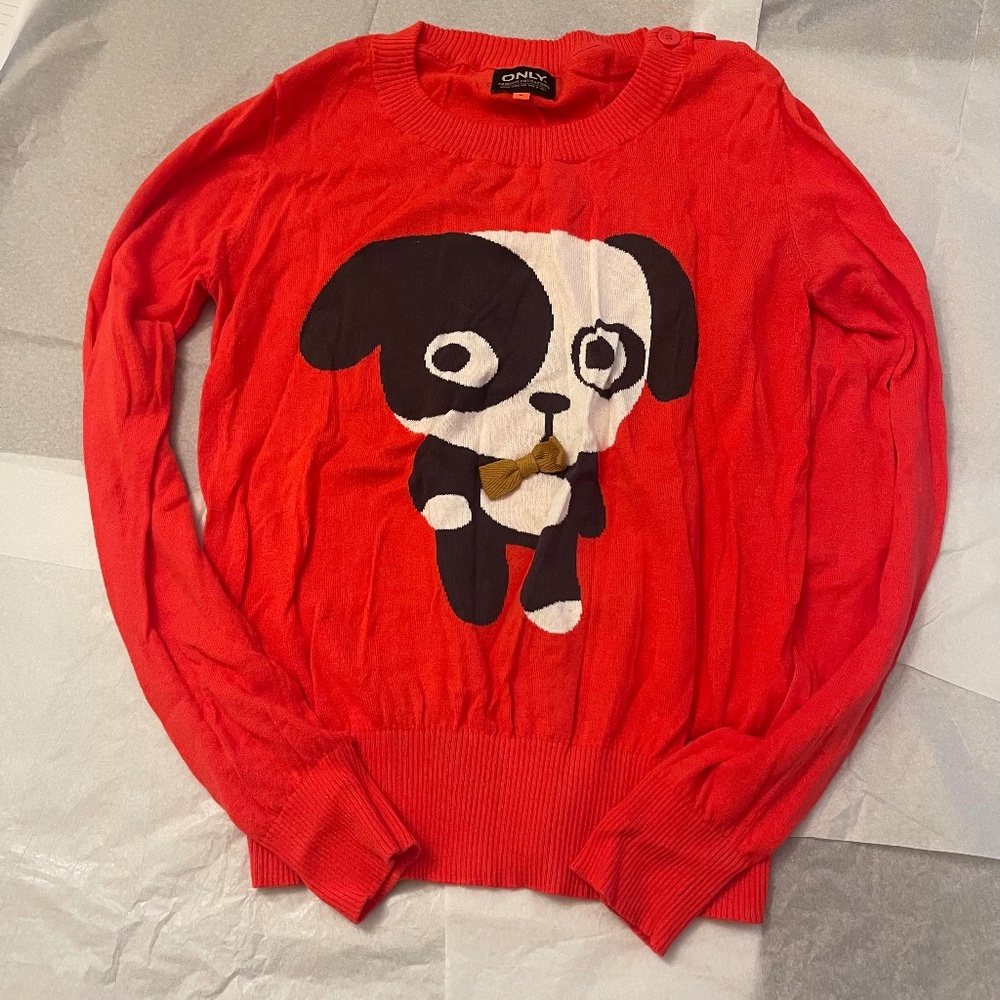 ONLY Brand Long Sleeve Sweater MEDIUM Dog & Bow Tie Cartoon Animation